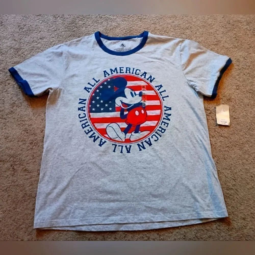 Disney Store Retro Mickey Mouse USA All American Ringer Tee Mens Sz XL BRAND NEW